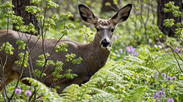Deer Grazing in Lush Green Forest With Purple Wildflowers, Wildlife Nature Scene