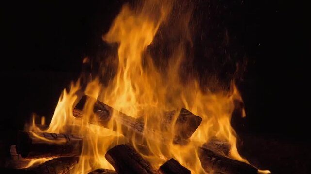 A roaring fire burns brightly in the darkness, flames licking logs in a warm outdoor setting at night