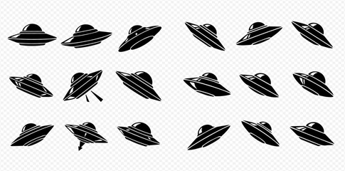 Set of black and white UFO icons in various angles, depicting alien spacecrafts or flying saucers. © Adji
