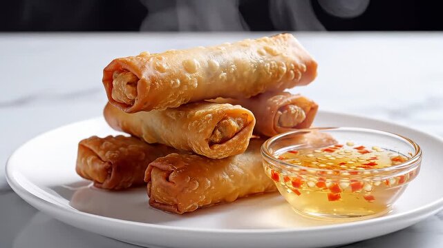Golden Fried Egg Rolls Stacked on a Plate With Dipping Sauce