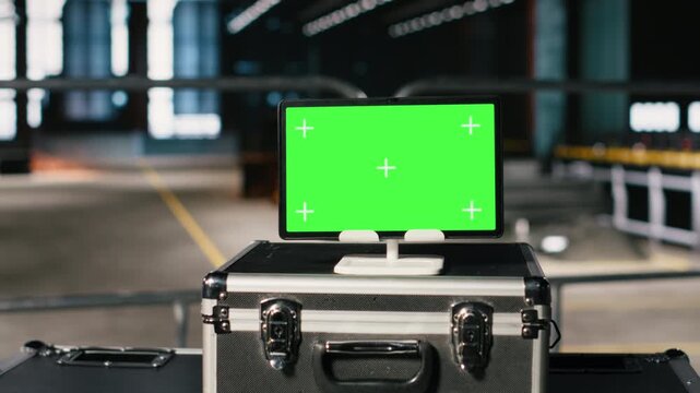 Mockup screen on tablet in empty factory interior with metal beams and industrial equipment. Heavy industry environment features production line layout and metallic framework in a plant.