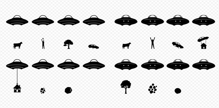 Set of UFO icons with various abduction scenarios, including a person, cow, car, and house being lifted by a beam of light.