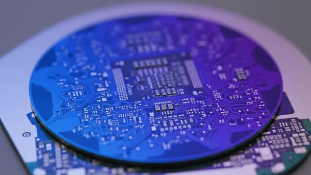 Close-up of a blue-lit circuit board disc on a white background with microchip components, possibly for tech or electronics use
