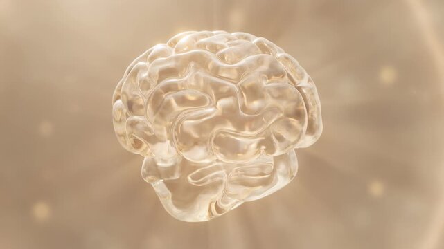 Glowing translucent 3D glass human brain model rotating against a warm golden background with light rays, symbolizing intelligence, mental health, and neural network connectivity.