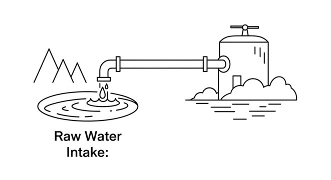 A vector graphic illustrating a raw water intake system with a pipe connecting a water source to a treatment plant