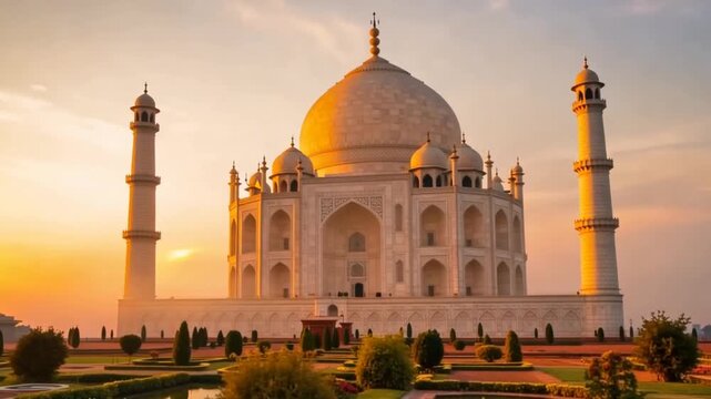 Majestic white marble mausoleum at sunrise, symmetrical gardens, reflecting pool, serene atmosphere, Agra, India
