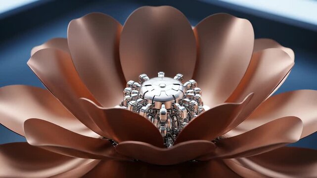 Close-up of rose gold metallic mechanical flower blooming. Elegant blend of artificial machinery for themes of robotics, advanced engineering, sci-fi concepts, and future technological innovations