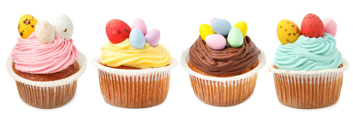 Fototapeta na wymiar Tasty cupcakes decorated for Easter isolated on white, set. Festive dessert