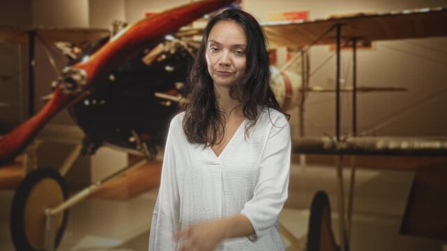Woman covers face with hand and makes expressive hand gestures beside a vintage biplane propeller inside building; frustration reflection.