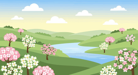 Fototapeta premium Spring landscape with blooming cherry trees, a winding river, and green rolling hills. Vector illustration.