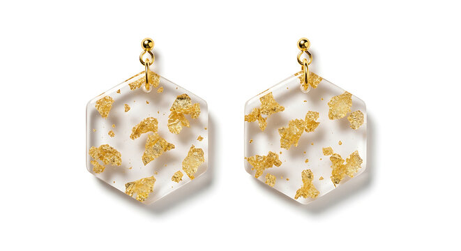 Exquisite pair of modern hexagon-shaped drop earrings featuring shimmering 24k gold leaf flakes suspended in crystal-clear high-quality translucent resin. 