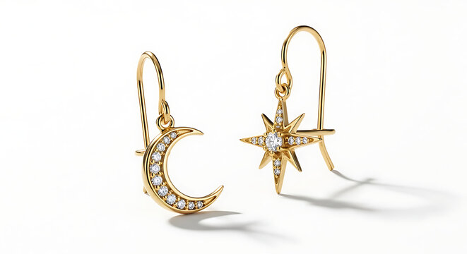 Elegant pair of asymmetrical celestial-themed drop earrings crafted in polished 14k yellow gold or gold-plated sterling silver. 