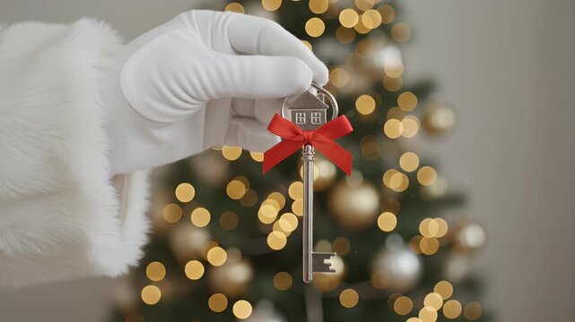 Santa Claus hand holding a silver house key with red bow, blurred Christmas tree background.