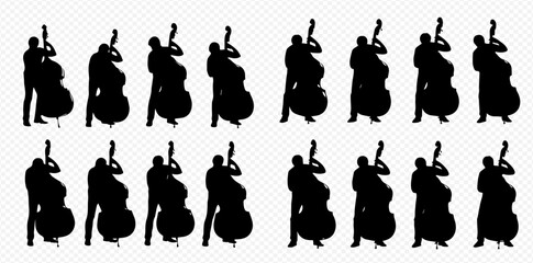 Collection of musician silhouettes playing the upright bass, representing various poses and dynamic movements of a bassist. © Adji