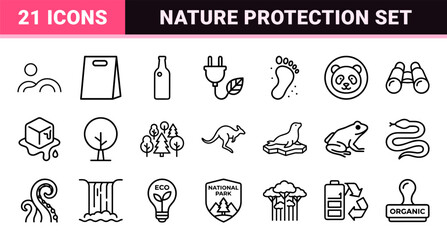 Fototapeta premium Wildlife Conservation and Environmental Protection Ultra-minimalist Monoline Icon Set, Geometric Line Art for Sustainable Ecology Branding