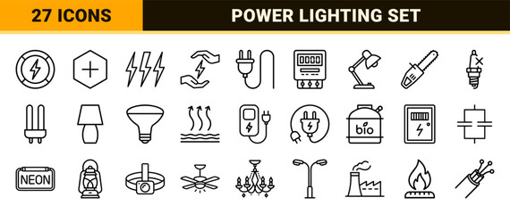 Naklejka premium Electrical Power and Lighting Systems Icon Set featuring Ultra-Minimalist Geometric Line Art for Industrial Energy and Interior Illumination Design.
