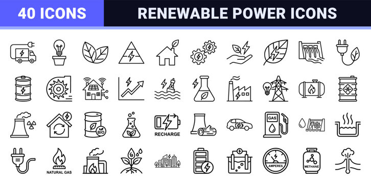 Sustainable Energy and Green Power Infrastructure Ultra-Minimalist Monoline Icon Set for Renewable Technology and Environmental Engineering.