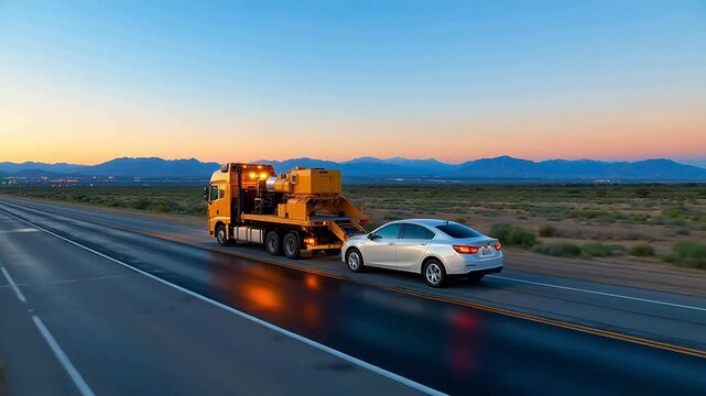 Truck towing car on highway at sunset
