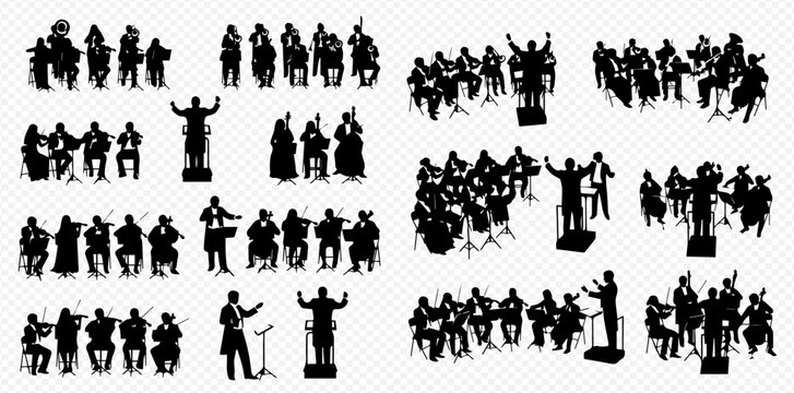 Set of various orchestra and conductor silhouettes performing classical music, isolated on transparent background.