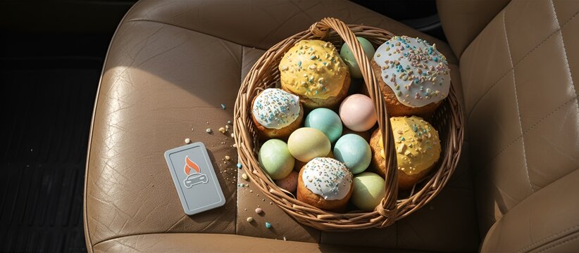 Easter basket with a cake and colorful eggs on a luxury car seat, holiday gift delivery concept, automotive lifestyle, Easter festivity