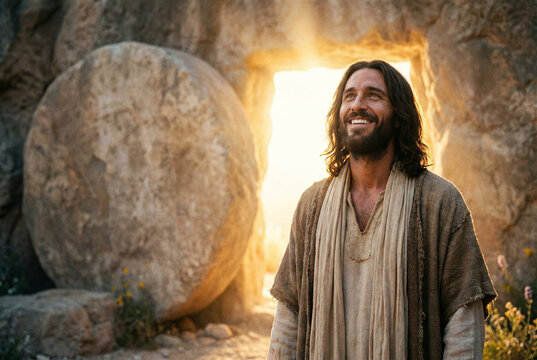  Smiling Jesus Christ standing in front of the empty open tomb with bright light. Christian concept of Resurrection - Cristo ha resucitado. La tumba vac&iacute;a.