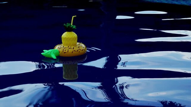 Tropical Pineapple Cocktail Cup Floating on Inflatable Ring in Blue Swimming Pool - Summer Vacation and Pool Party Concept