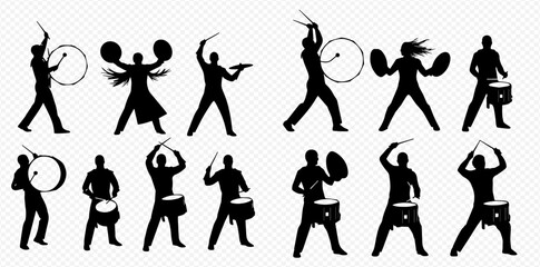 Silhouettes of people playing drums and percussion instruments, performing music in a band or orchestra. © Adji