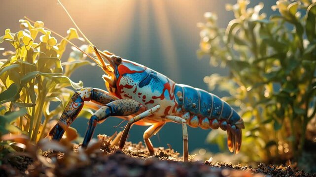 Colorful freshwater crayfish and spiny lobster on forest floor with golden sunrise nature crustacean