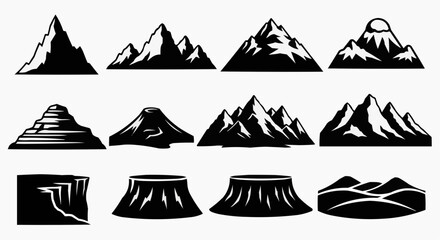 Collection of various mountain peak silhouettes and different geological landform icons for design