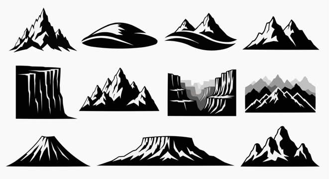 A collection of various mountain range silhouettes and geological landscape formations in black