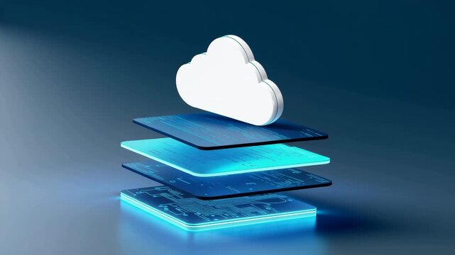 Futuristic cloud storage data server network technology with layered circuit, glowing code panels