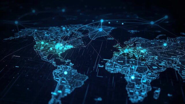 Glowing digital world map with connected data node network and global communication technology lines