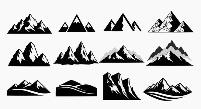 A collection of diverse black and white mountain icons featuring various jagged peak silhouettes