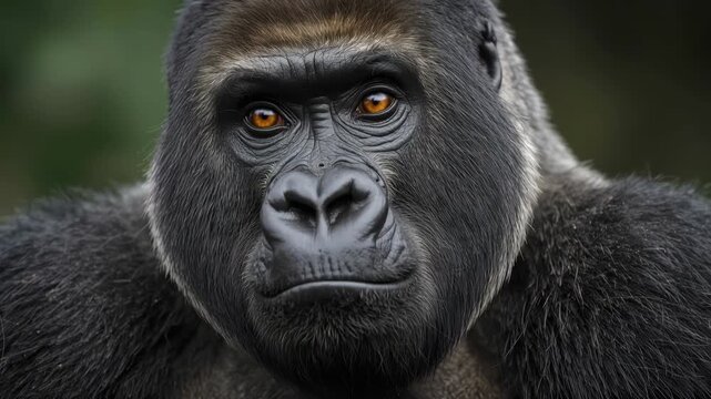 Gorilla primate close up portrait thoughtful fur with intense amber eyes textured fur contemplative