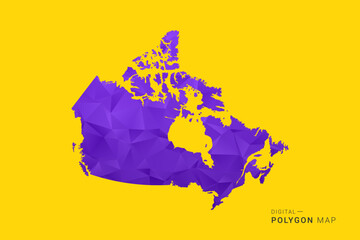 Naklejka premium Canada Map - Low poly polygon map in vibrant purple gradient on bold yellow background, modern minimal geometric style, clean digital vector illustration.