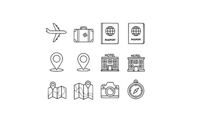 A set of travel icons in a minimalist line art style © MdTobarak