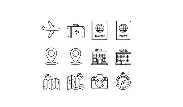 A set of travel icons in a minimalist line art style