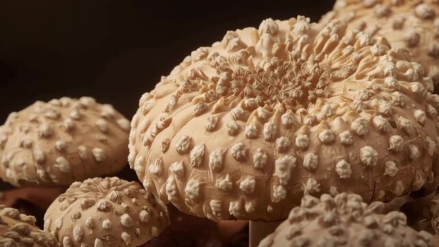 Cream colored shaggy parasol mushroom cluster with brown textured caps, gills, stem, fungi