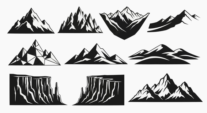 A collection of various artistic mountain and cliff silhouettes presented in a black and white style