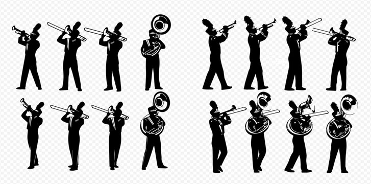 Silhouettes of a marching band playing various brass instruments, including trumpets, trombones, and tubas, in different poses.