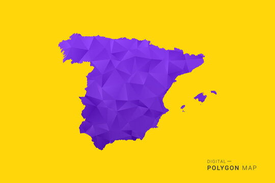 Spain Map - Low poly polygon map in vibrant purple gradient on bold yellow background, modern minimal geometric style, clean digital vector illustration.