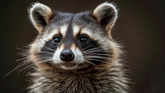 Curious raccoon portrait with soft fur and alert expression detailed fur and bright eyes close up