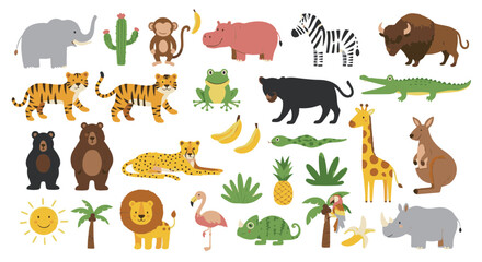 Obraz premium A collection of illustrated animals, each playfully depicted, capturing the essence of the wild, featuring the vibrant fauna in a captivating, visually appealing scene. 