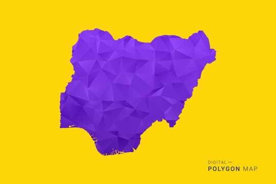 Nigeria Map - Low poly polygon map in vibrant purple gradient on bold yellow background, modern minimal geometric style, clean digital vector illustration.