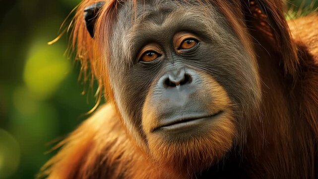 Thoughtful juvenile orangutan portrait close up face soft natural light, contemplative primate ape