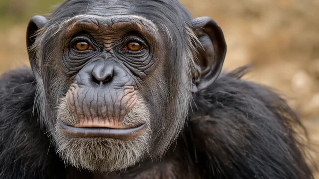 Young chimpanzee portrait close up primate portrait with textured skin brown eyes thoughtful