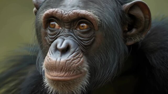 Thoughtful chimpanzee face close up portrait with expressive eye fur texture and peaceful expression