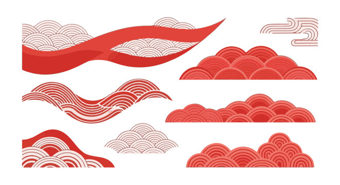 Set of elegant red Japanese wave patterns that bring a touch of traditional aesthetics to modern design projects. Japanese aesthetic elements.
