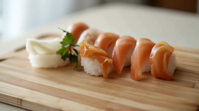 Smoked salmon nigiri sushi wooden board with rice, garnish, ginger and fresh appetizing presentation