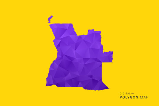 Angola Map - Low poly polygon map in vibrant purple gradient on bold yellow background, modern minimal geometric style, clean digital vector illustration.